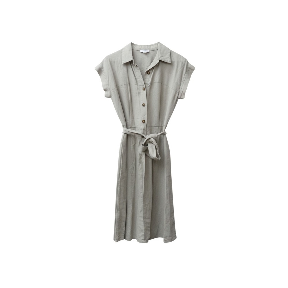 Calvin Klein Shirt Dress Womens 6 Khaki Beige Linen Blend Belted Midi Cap Sleeve